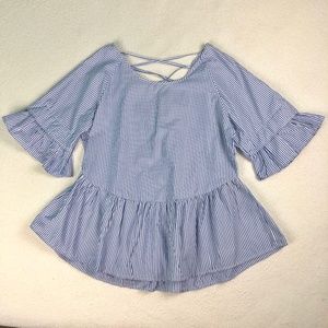 NEW Blue White Stripe Ruffle Hem Sleeve Blouse Top